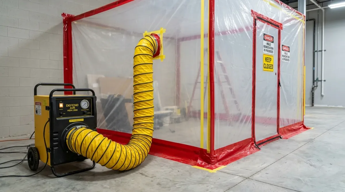 Commercial negative air HEPA machine and polyethylene containment barrier for mold remediation & removal